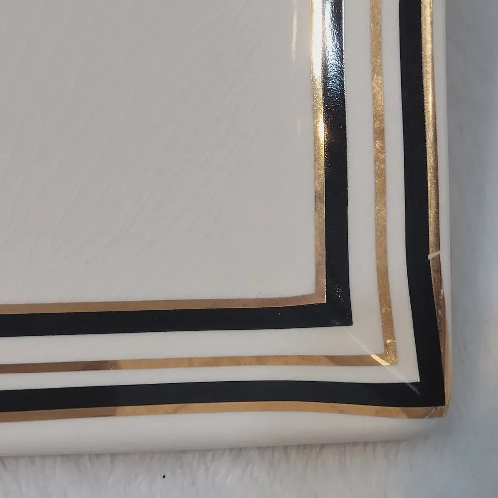 Terramoto Ceramic Halloween Spooky Serving Tray Platter White Black Gold Stripes